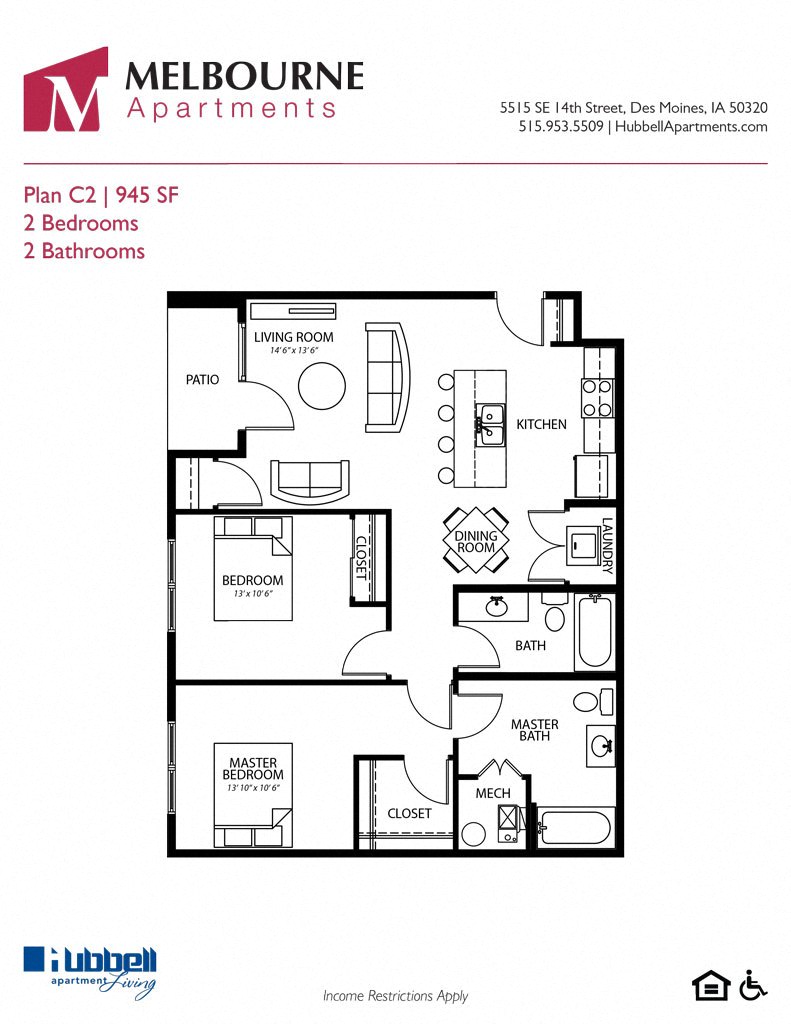 Floor plan for 2 beds, 2 baths, 945 sqft